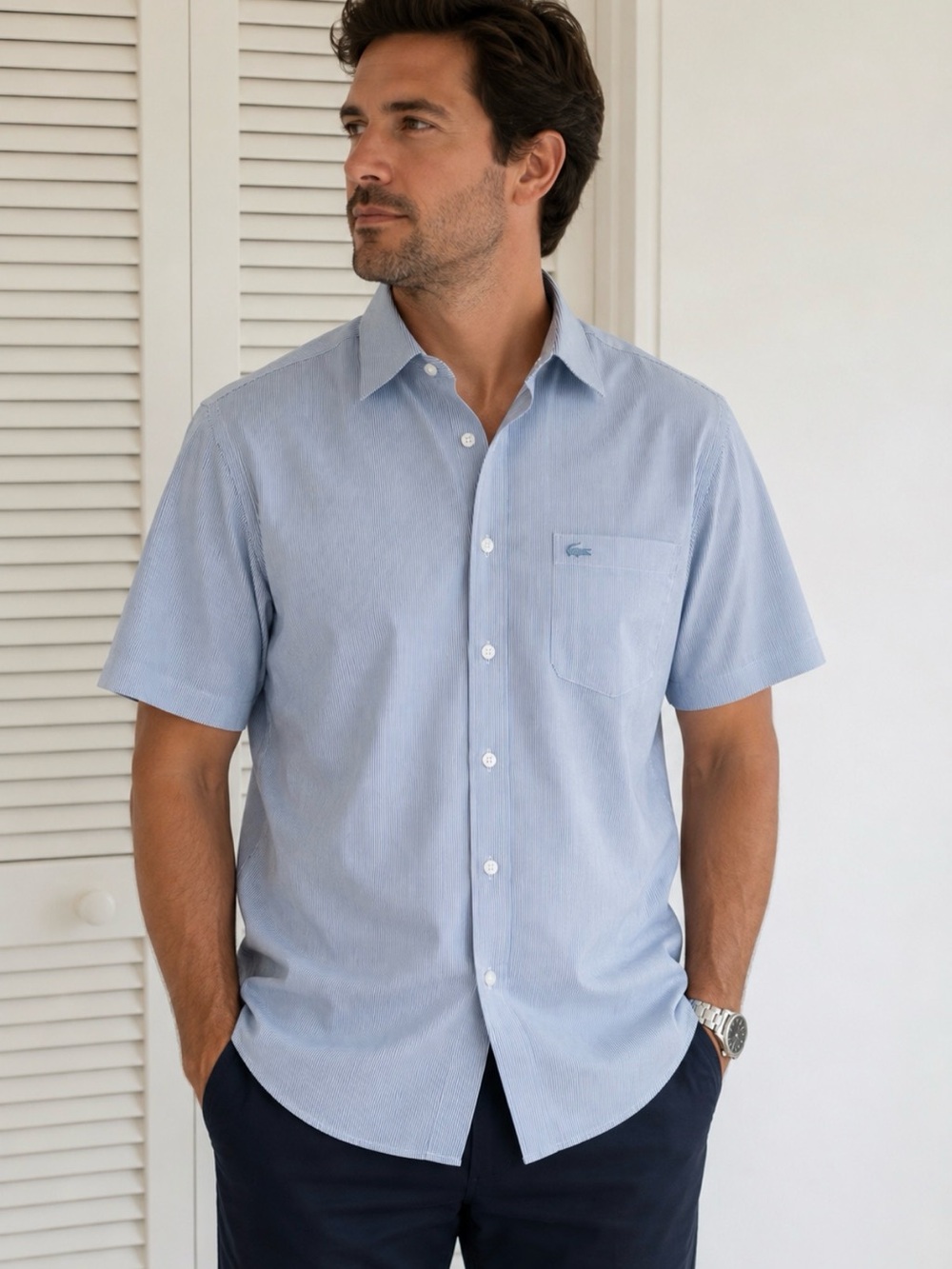 Lacoste Regular Fit Blue Pinstripe Short Sleeve Button-Up